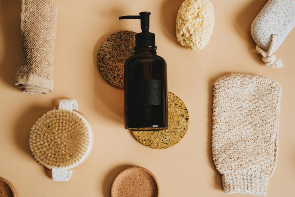 Organic skincare essentials arranged in a flat lay for a minimalist aesthetic.